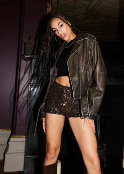 Pink Vanilla Brown Stone Wash PU Biker Jacket