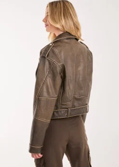 Pink Vanilla Brown Stone Wash PU Biker Jacket
