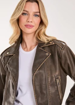 Pink Vanilla Brown Stone Wash PU Biker Jacket