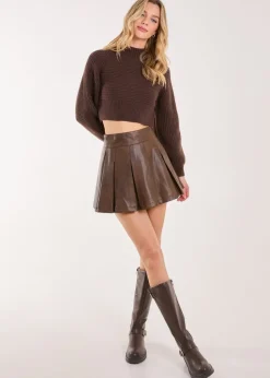 Pink Vanilla Brown Washed Pleated Mini Skirt
