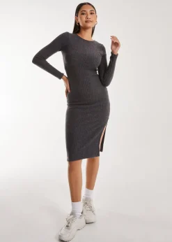 Pink Vanilla Charcoal Soft Brushed Rib Long Sleeve Midi Dress