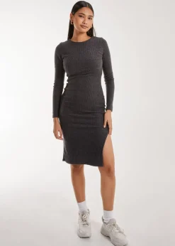 Pink Vanilla Charcoal Soft Brushed Rib Long Sleeve Midi Dress