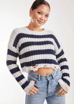 Pink Vanilla Distressed Striped Navy Crop Knit Jumper