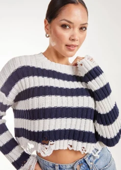 Pink Vanilla Distressed Striped Navy Crop Knit Jumper