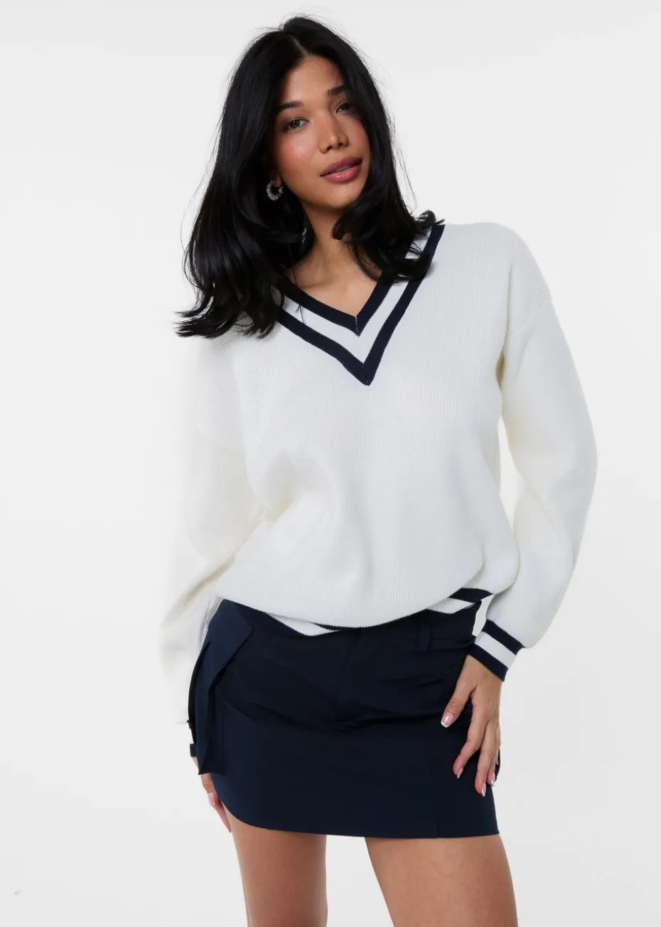 Pink Vanilla Ivory Varsity V Neck Sweater