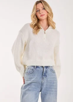 Pink Vanilla Ivory Zip Up Collar Knit Cropped Jumper