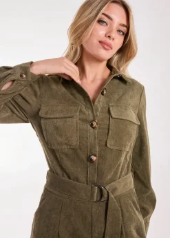 Pink Vanilla Khaki Corduroy Collar Long Sleeve Button Boilersuit