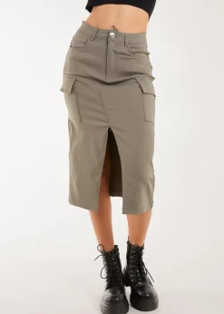Pink Vanilla Khaki Utility Cargo Midi Slit Skirt