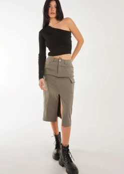 Pink Vanilla Khaki Utility Cargo Midi Slit Skirt