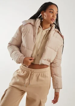 Pink Vanilla Stone Cropped Padded Hooded Coat