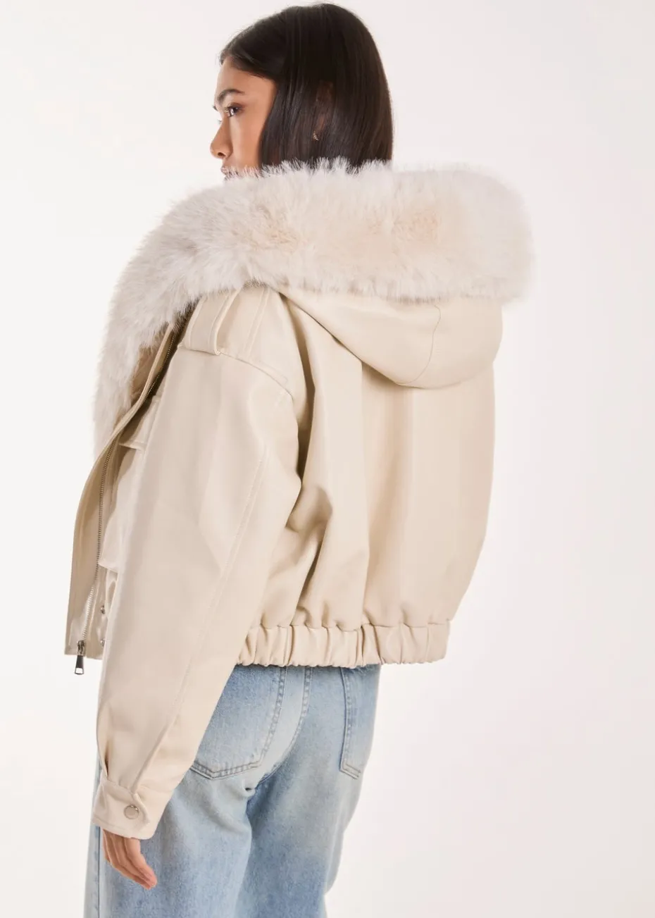 Pink Vanilla Stone Fur Hooded Cropped Utility Jacket