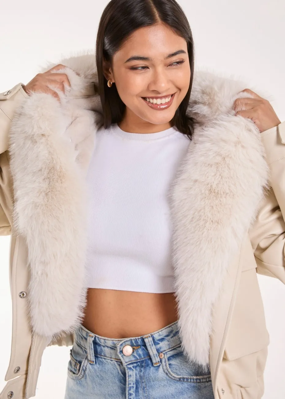 Pink Vanilla Stone Fur Hooded Cropped Utility Jacket