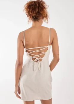 Pink Vanilla Stone Linen Ruched Strappy Mini Dress