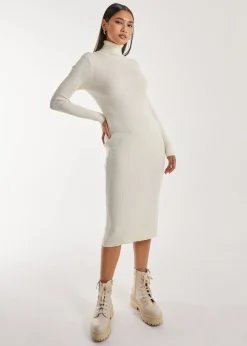 Pink Vanilla Stone Ribbed Roll Neck Midi Dress