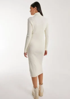 Pink Vanilla Stone Ribbed Roll Neck Midi Dress