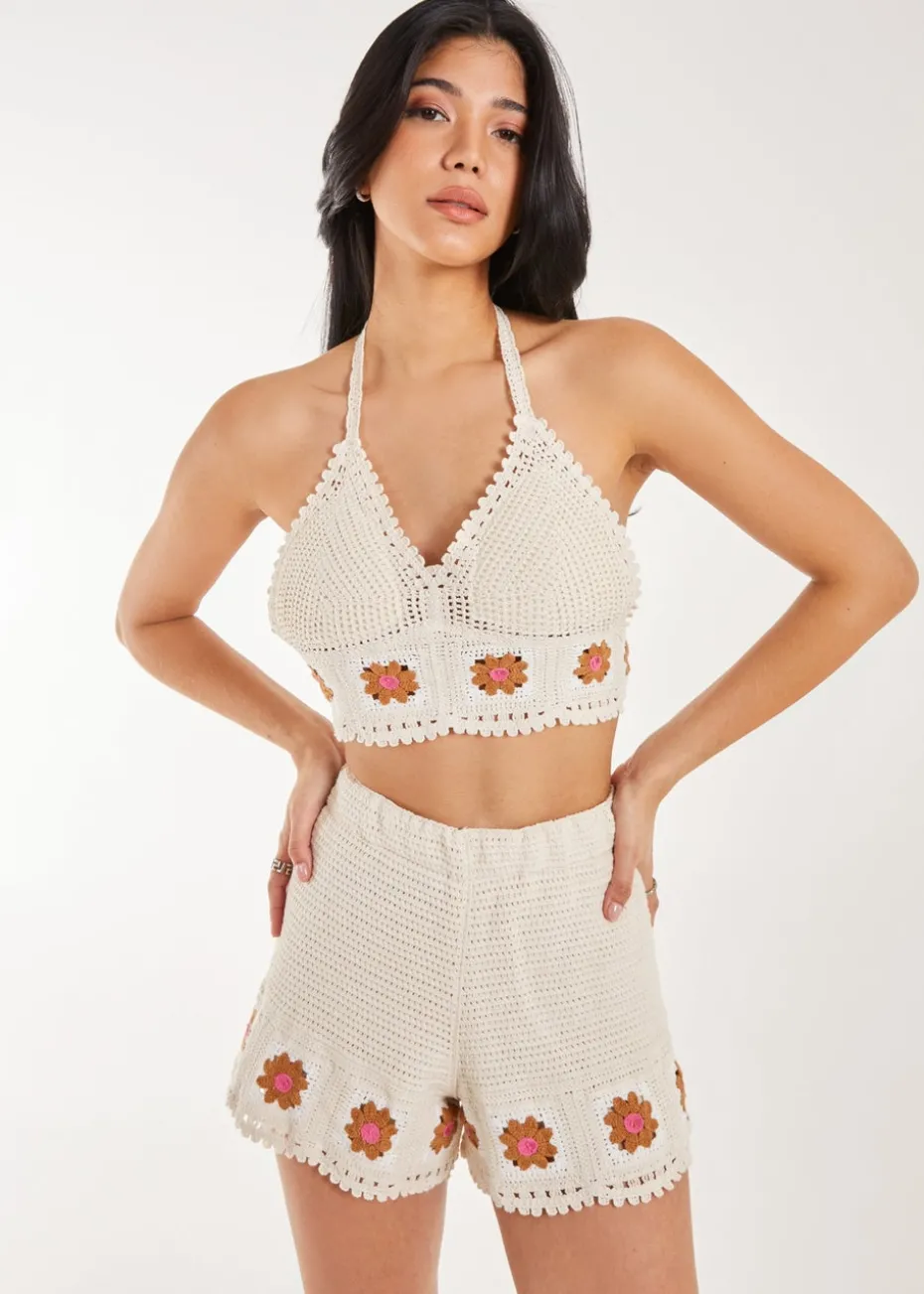 Pink Vanilla Stone Tie Flower Detail Crochet Bralette