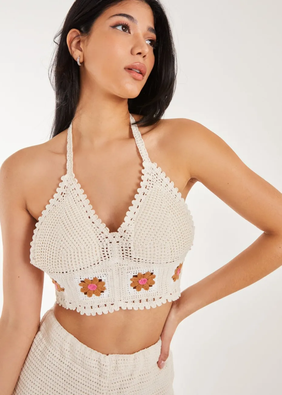 Pink Vanilla Stone Tie Flower Detail Crochet Bralette