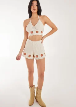 Pink Vanilla Stone Tie Flower Detail Crochet Bralette