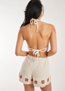 Pink Vanilla Stone Tie Flower Detail Crochet Bralette