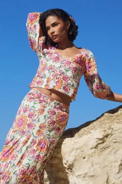 Pixiegirl Multi Coloured Abstract Tile Puff Sleeve Top