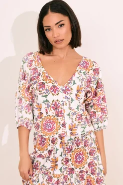 Pixiegirl Multi Coloured Abstract Tile Puff Sleeve Top