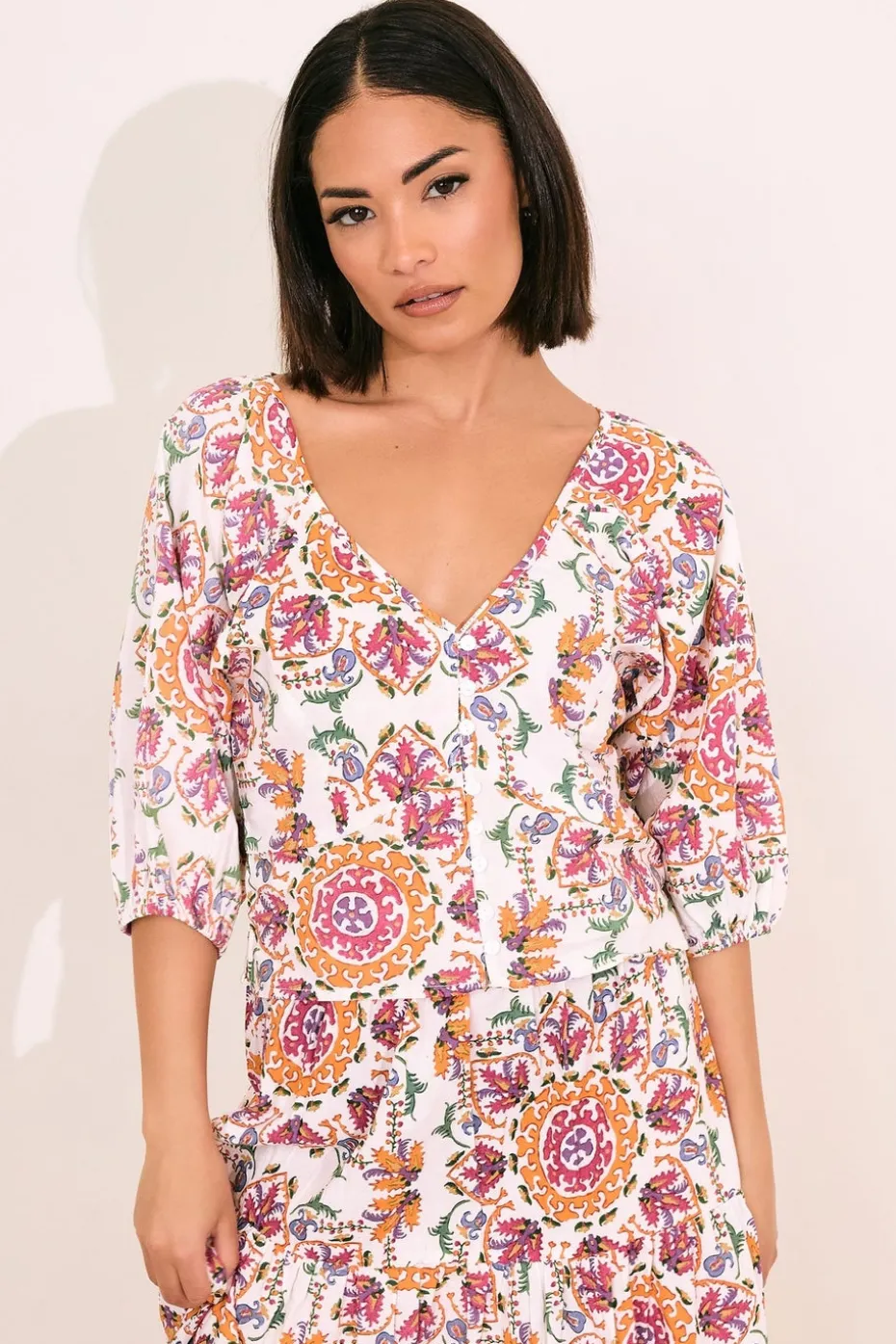 Pixiegirl Multi Coloured Abstract Tile Puff Sleeve Top