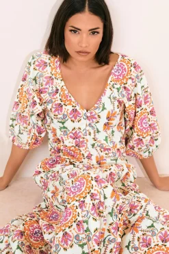 Pixiegirl Multi Coloured Abstract Tile Puff Sleeve Top