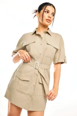 Pixiegirl Petite Beige Brown Utility Mini Dress