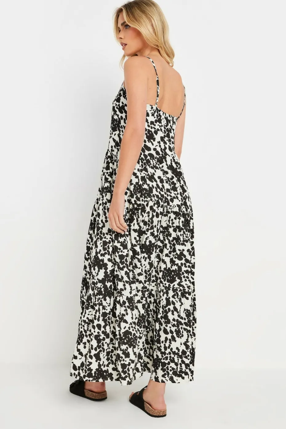 Pixiegirl Petite Black & White Cow Print Asymmetric Tiered Dress