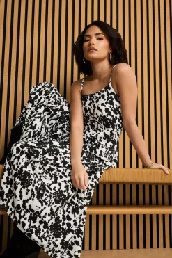Pixiegirl Petite Black & White Cow Print Asymmetric Tiered Dress