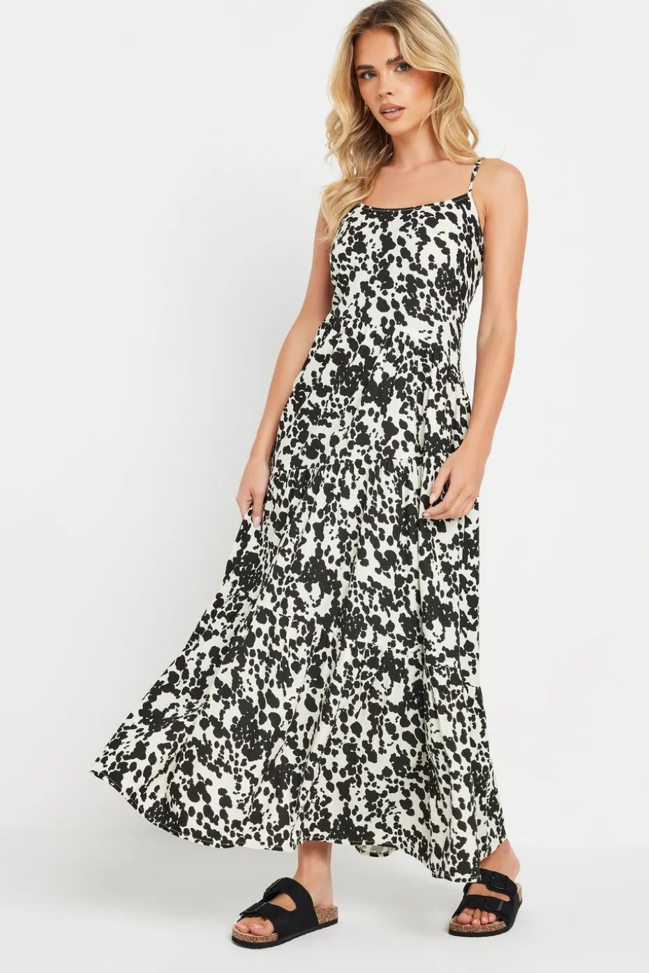 Pixiegirl Petite Black & White Cow Print Asymmetric Tiered Dress