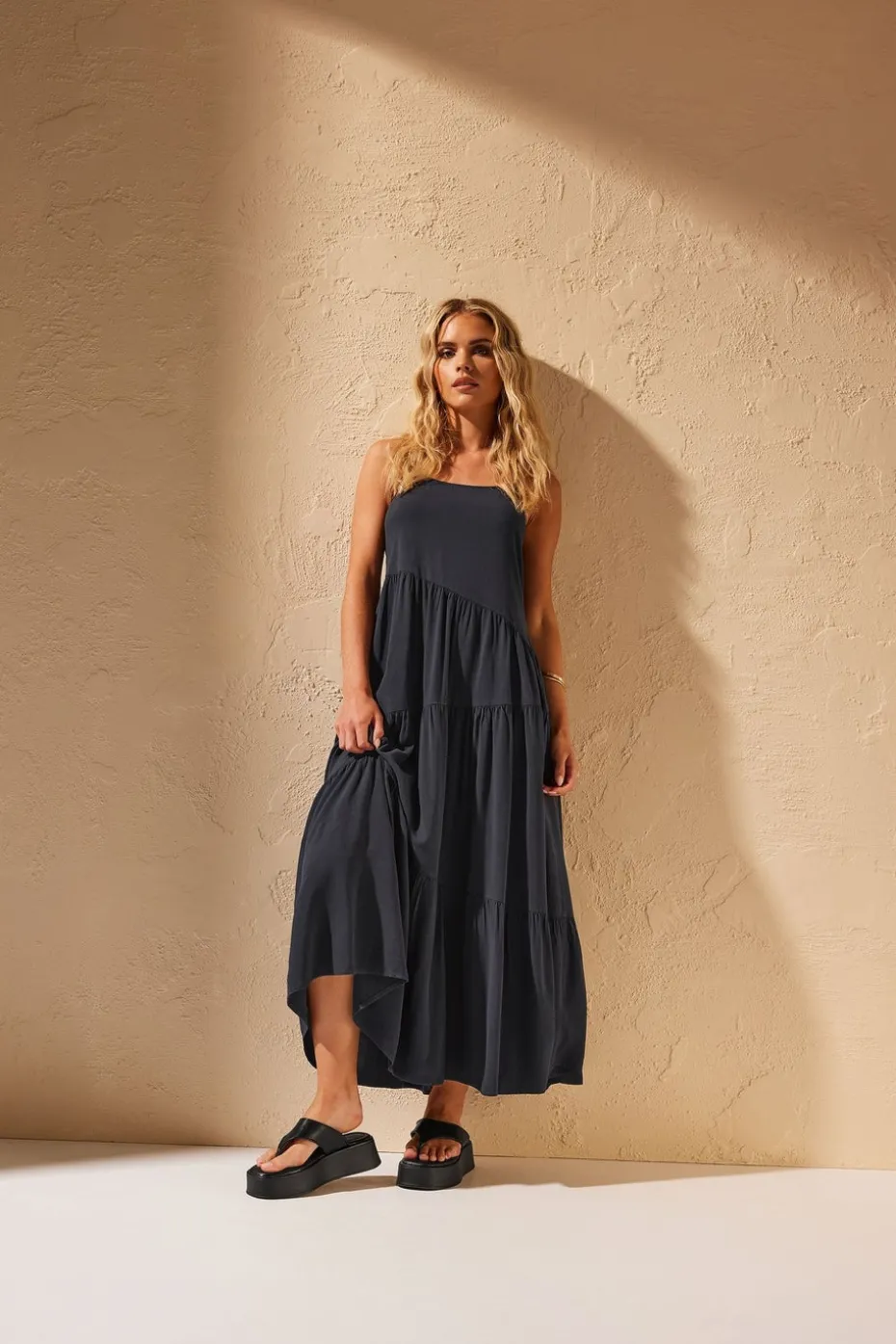 Pixiegirl Petite Black Asymmetric Tiered Maxi Dress