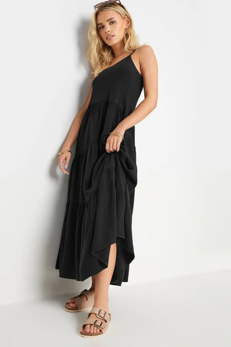 Pixiegirl Petite Black Asymmetric Tiered Maxi Dress