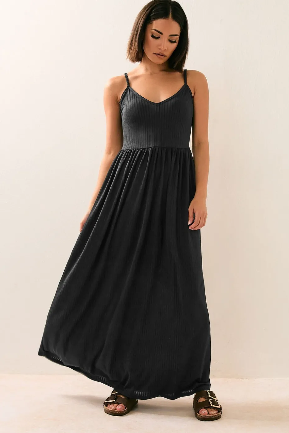 Pixiegirl Petite Black Ribbed Strappy Maxi Dress