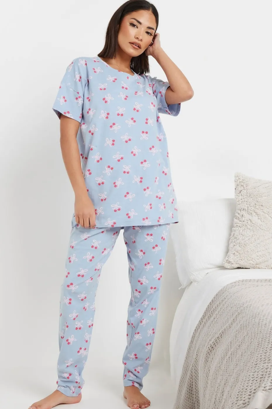Pixiegirl Petite Blue Cherry Bow Graphic Tapered Pyjama Set