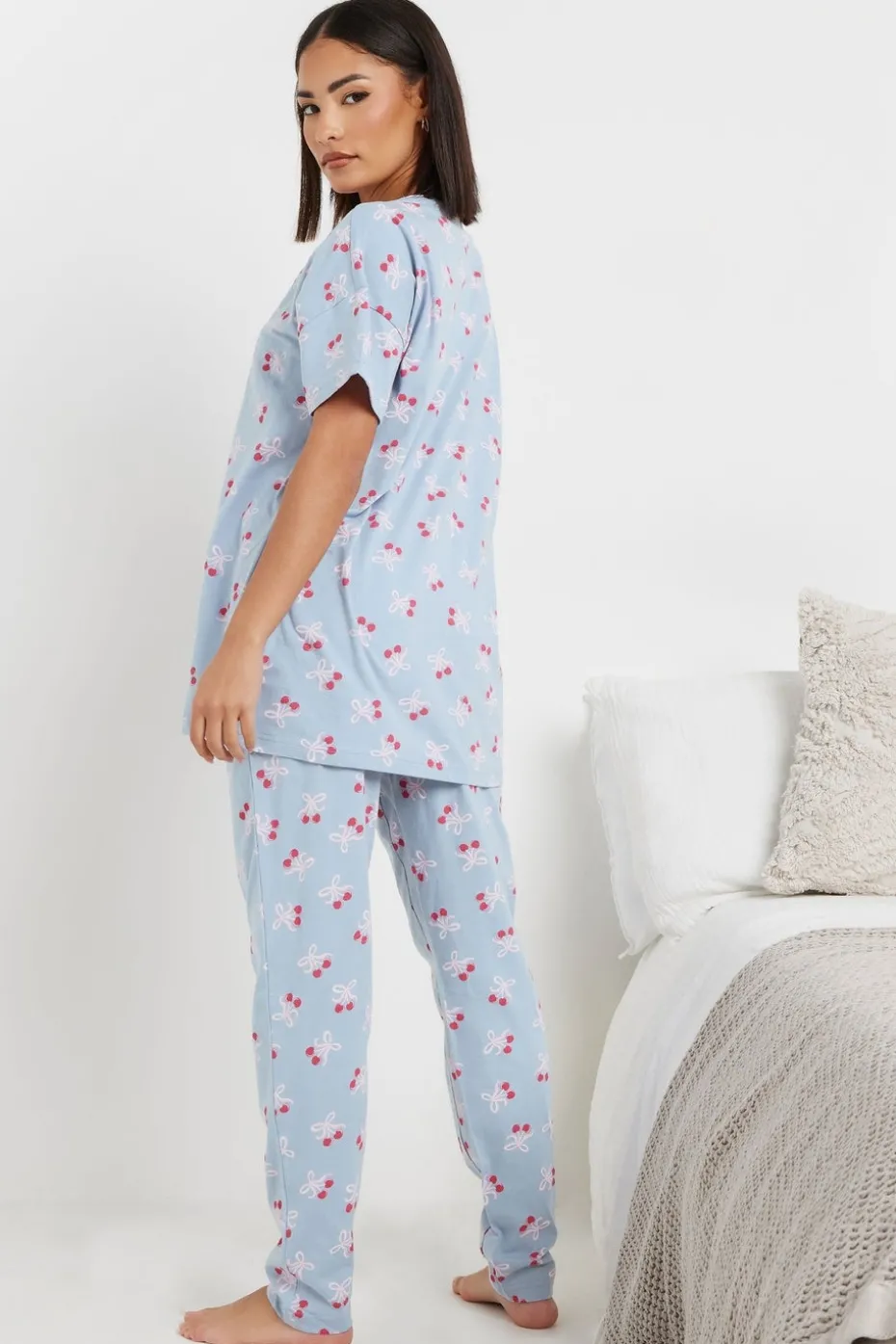 Pixiegirl Petite Blue Cherry Bow Graphic Tapered Pyjama Set