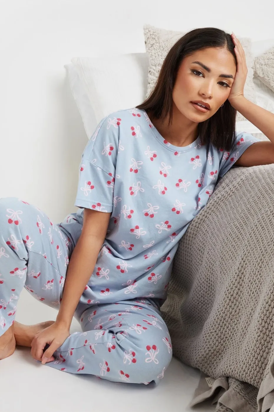 Pixiegirl Petite Blue Cherry Bow Graphic Tapered Pyjama Set