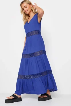 Pixiegirl Petite Blue Crochet Trim Tiered Maxi Dress