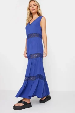 Pixiegirl Petite Blue Crochet Trim Tiered Maxi Dress