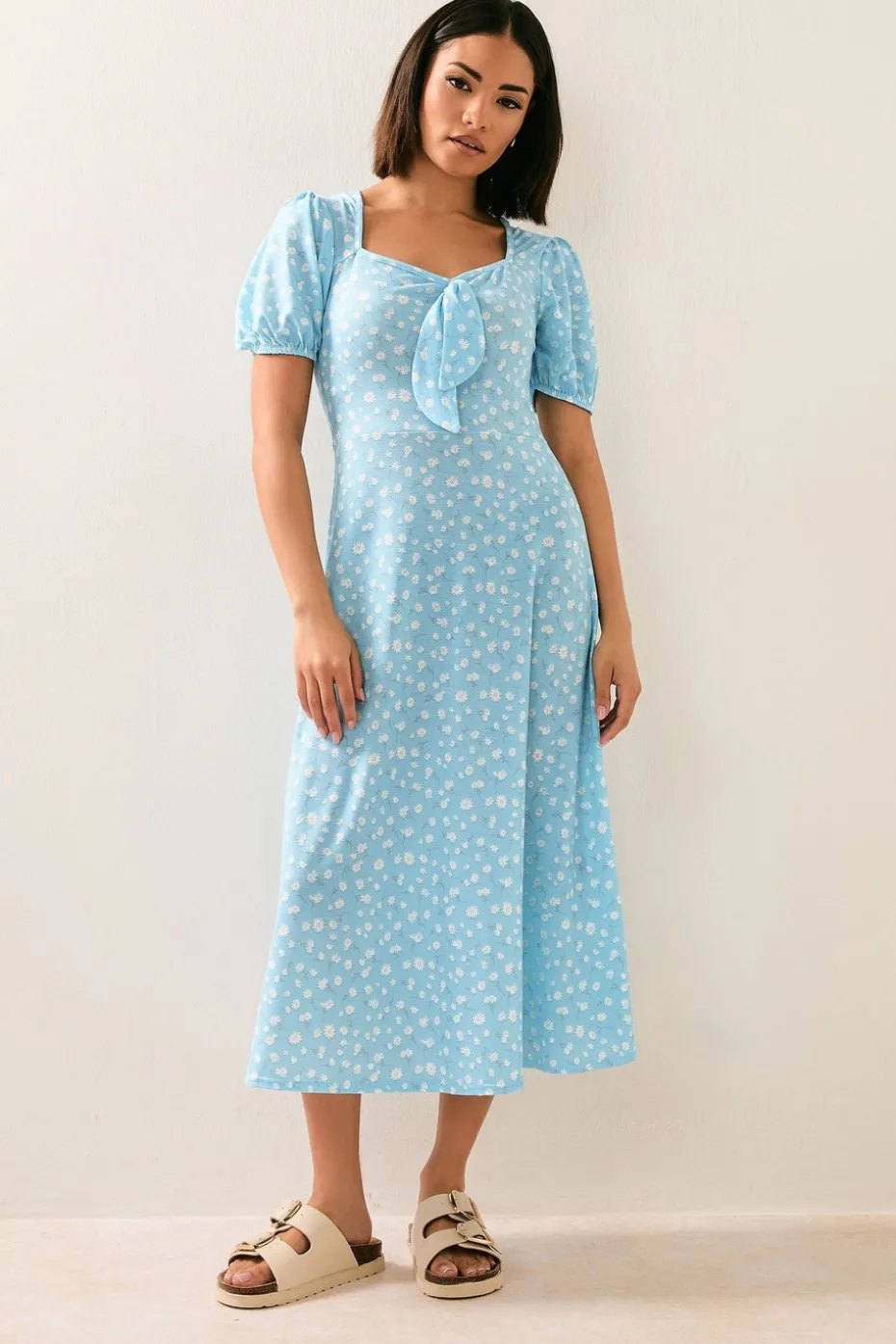 Pixiegirl Petite Blue Daisy Floral Tie Front Midi Dress
