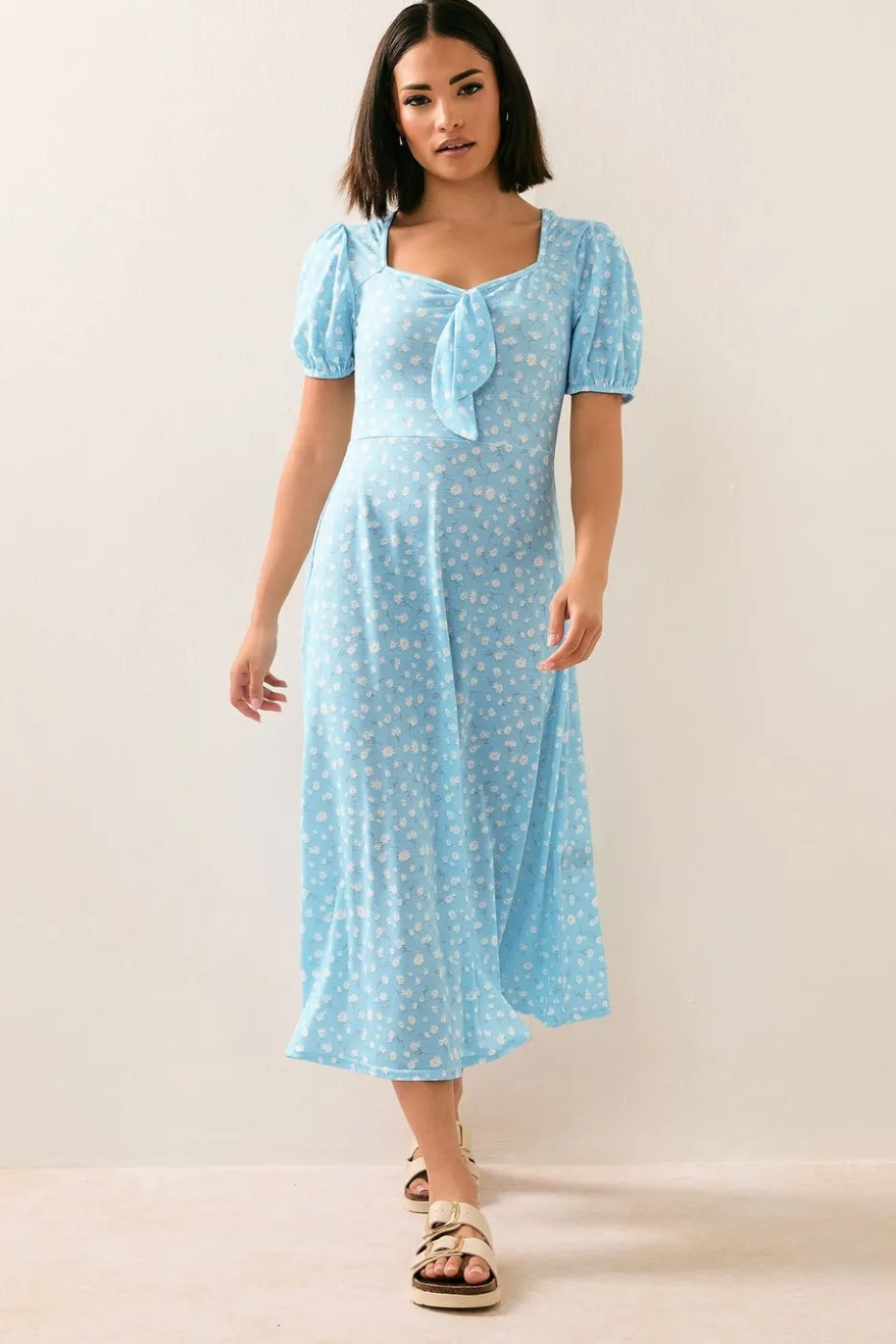 Pixiegirl Petite Blue Daisy Floral Tie Front Midi Dress