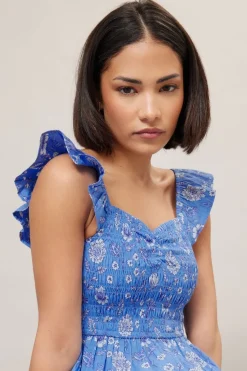 Pixiegirl Petite Blue Floral Frill Sleeve Smock Top