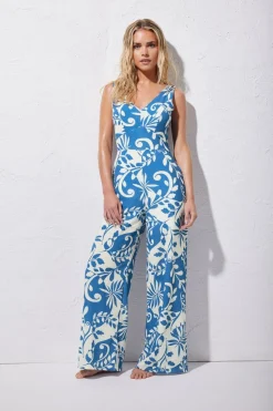 Pixiegirl Petite Blue Leaf Print Wide Leg Jumpsuit