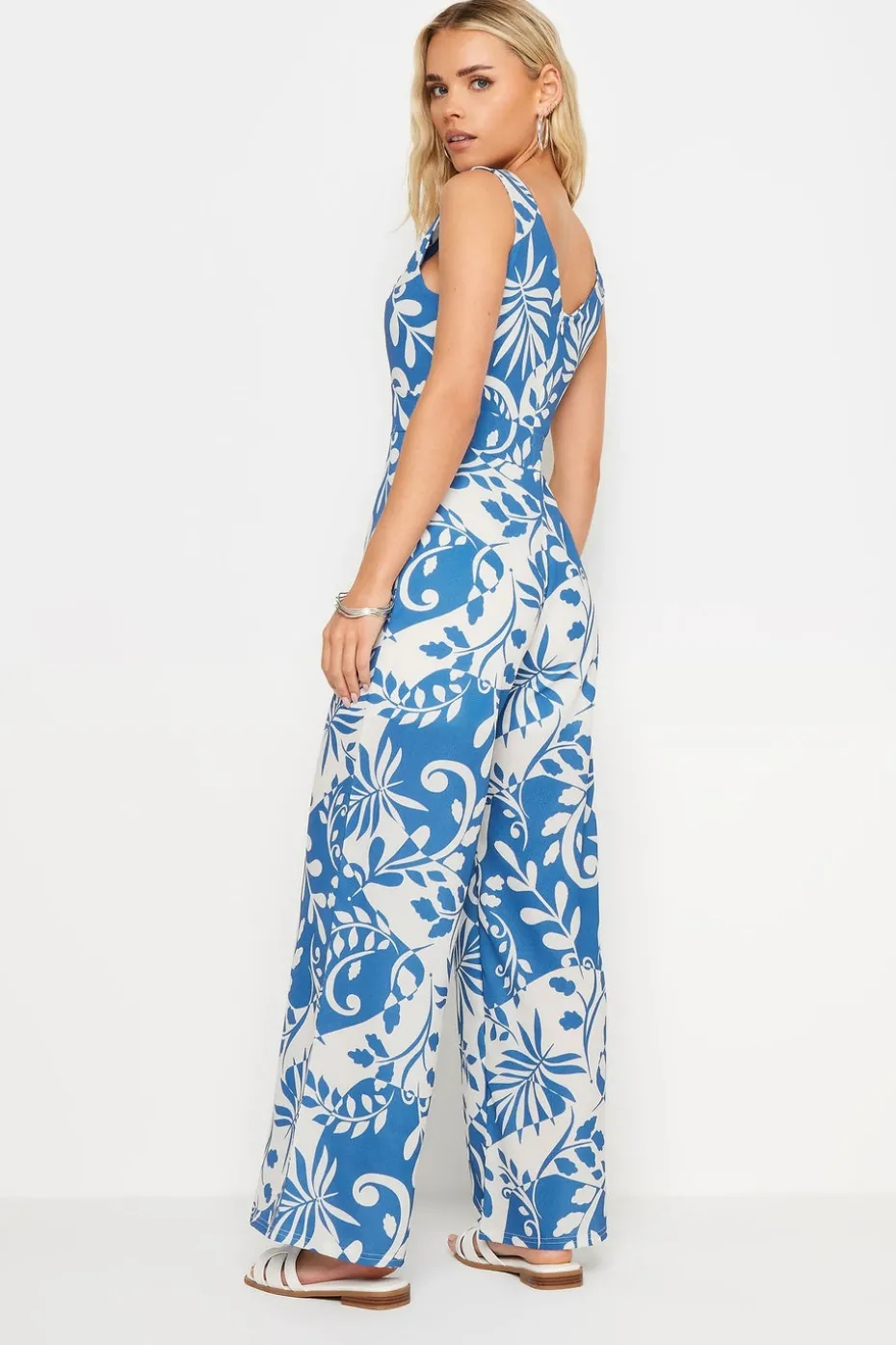 Pixiegirl Petite Blue Leaf Print Wide Leg Jumpsuit