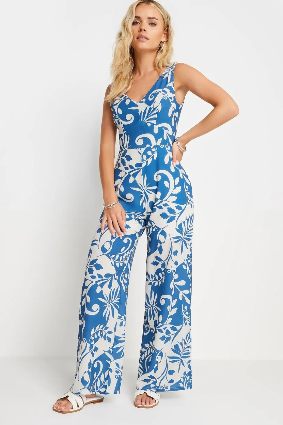 Pixiegirl Petite Blue Leaf Print Wide Leg Jumpsuit