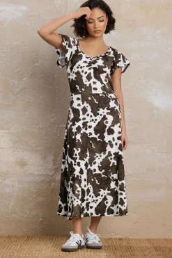 Pixiegirl Petite Brown Cow Print Flutter Sleeve Dress