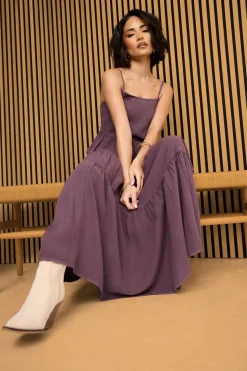 Pixiegirl Petite Burgundy Red Acid Wash Asymmetric Tiered Maxi Dress