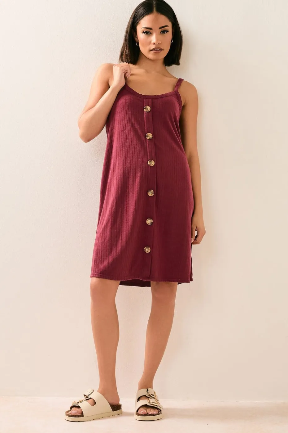 Pixiegirl Petite Burgundy Red Ribbed Button Mini Dress