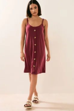 Pixiegirl Petite Burgundy Red Ribbed Button Mini Dress