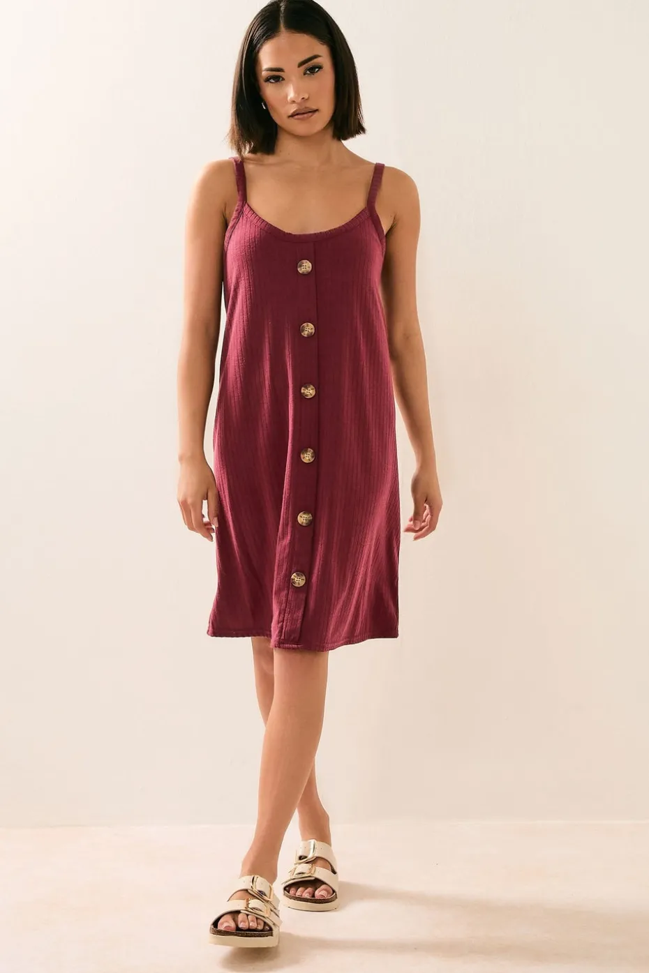 Pixiegirl Petite Burgundy Red Ribbed Button Mini Dress